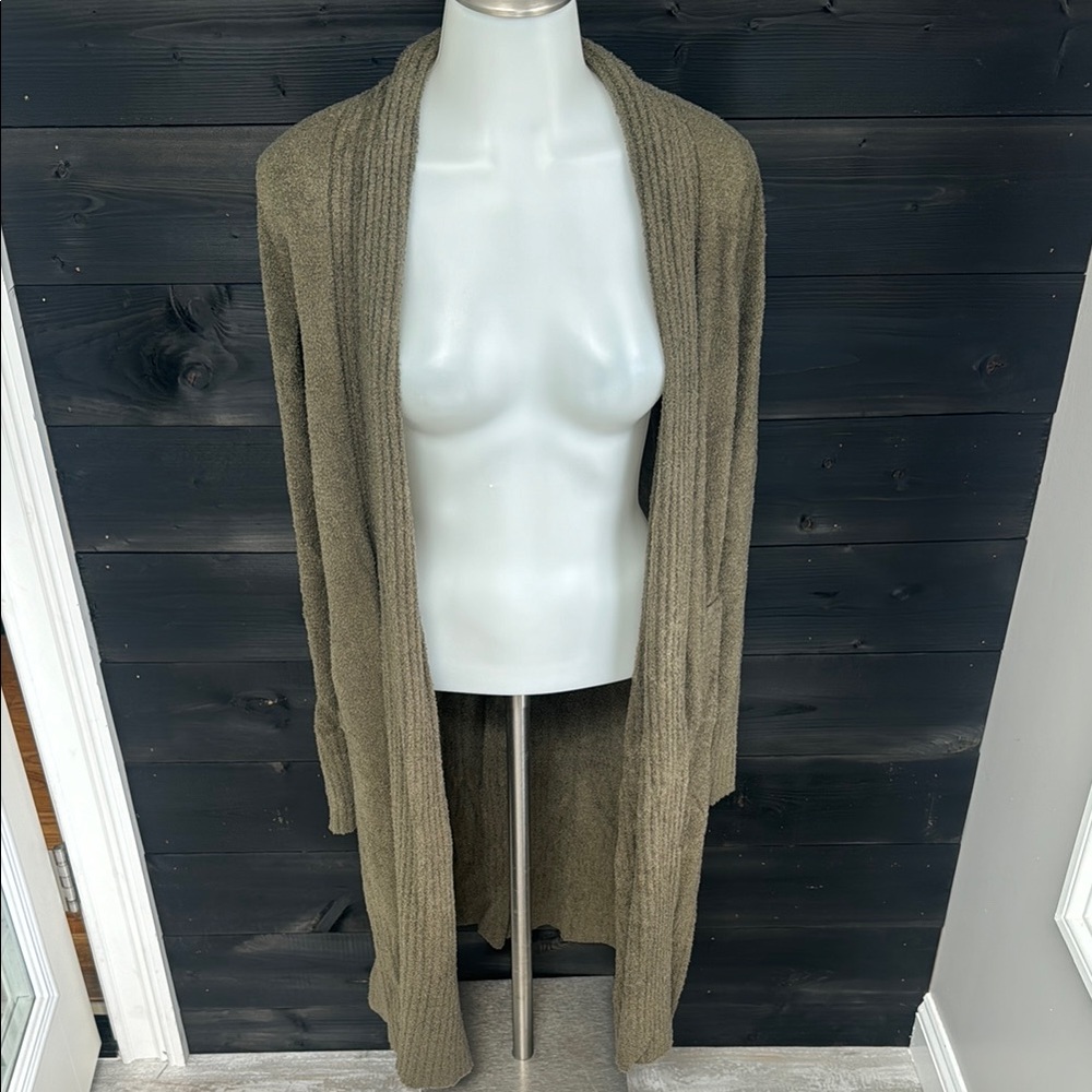 Barefoot Dreams M CozyChic Lite Long Sweater Olive Green Ribbed Weekend Cardigan